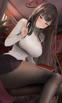 1girl absurdres black_hair black_pantyhose blue_archive blush breasts halo highres large_breasts long_hair looking_at_viewer mochiki_927 pantyhose pleated_skirt red_eyes rio_(blue_archive) skirt solo sweater turtleneck turtleneck_sweater v very_long_hair