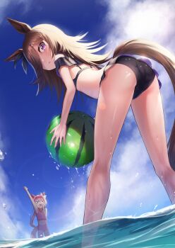 &gt;_&lt; 2girls absurdres animal_ears arm_up armpits ass ball beachball bent_over bikini brown_hair commentary day ear_covers eyebrows_hidden_by_hair flat_ass from_below hair_over_one_eye haru_urara_(umamusume) headband highres holding holding_ball holding_beachball horse_ears horse_girl horse_tail legs_apart light_blush long_hair looking_at_viewer looking_back multiple_girls open_mouth outdoors parted_lips pink_hair purple_eyes raised_eyebrow reo-illust4696 rice_shower_(umamusume) solo_focus standing swimsuit tail umamusume very_long_hair wading water wet
