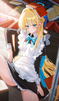 Rule 34 | 1girl, absurdres, apron, black dress, blonde hair, blue archive, blue bow, blue eyes, blue halo, blush, book, book on head, bow, commentary request, dress, halo, highres, long hair, long sleeves, looking at viewer, maid, maid apron, maid headdress, object on head, puffy sleeves, solo, sweatdrop, sweetcho, toki (blue archive)