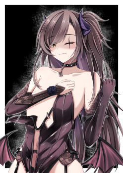 1girl absurdres alternate_costume bare_shoulders black_background black_choker border brown_gloves brown_hair choker collarbone covered_navel cowboy_shot elbow_gloves flat_chest girls&#039;_frontline gloves highres kamiya_(kamiya19930330) long_hair looking_at_viewer one_eye_closed scar scar_across_eye scar_on_face see-through_clothes simple_background smile solo ump45_(girls&#039;_frontline) white_border yellow_eyes