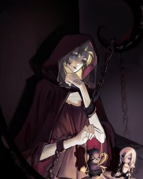 1girl absurdres blonde_hair cassie_(shadow_slave) chain character_doll cloak cuffs curtained_hair doll glowing glowing_hair hand_on_own_face head_tilt highres hood hood_up hooded_cloak jiejiepen looking_at_viewer nephis_(shadow_slave) puppet_strings shackles shadow_slave smile solo sunny_(shadow_slave) underlighting upper_body