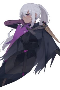 1girl black_bodysuit bodysuit breasts closed_mouth commentary_request dark-skinned_female dark_skin earrings girls'_frontline girls'_frontline_2:_exilium grey_hair highres hinami047 jewelry nemesis_(girls'_frontline_2) ponytail purple_eyes simple_background solo white_background