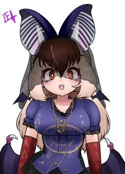 1girl animal_ears bat_ears bat_girl bat_wings brown_eyes brown_hair brown_long-eared_bat_(kemono_friends) dress elbow_gloves extra_ears gloves grey_hair highres jewelry kemono_friends kemono_friends_v_project long_hair looking_at_viewer multicolored_hair necklace noren_kf1 purple_dress simple_background solo streaked_hair upper_body virtual_youtuber wings