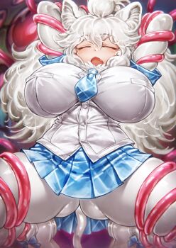 1girl absurdres animal_ear_fluff animal_ears arms_behind_head ass big_hair blue_eyes blue_necktie blush breasts cellien_(kemono_friends) elbow_gloves fang fluffy_hair fur_collar gloves highres huge_breasts imminent_rape kemono_friends kemono_friends_3 lion_ears lion_girl lion_tail long_hair necktie open_mouth oyu_udon pantyhose plaid_clothes plaid_necktie plaid_skirt plaid_sleeves plaid_trim restrained shirt skirt smile solo tail tentacles white_hair white_lion_(kemono_friends) white_pantyhose white_shirt