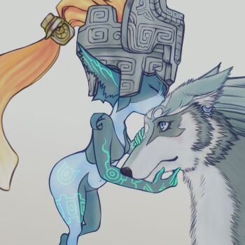 1girl arm_markings arm_tattoo bad_tag blue_eyes body_markings closed_eyes colored_skin earrings from_side glowing glowing_markings glowing_tattoo grey_background grey_fur grey_skin hand_on_another&#039;s_chin hand_on_own_face helmet imp jewelry kiss kissing_forehead leg_tattoo link long_eyelashes mi_(karintokinako) midna multicolored_skin nintendo orange_hair ponytail profile snout tattoo the_legend_of_zelda the_legend_of_zelda:_twilight_princess two-tone_skin wolf_boy wolf_link