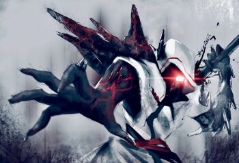 1other arknights coat crystal enraged_possessed_bonethrower_(arknights) glowing glowing_eye hooded horns material_growth oripathy_lesion_(arknights) throwing upper_body utsuke white_coat