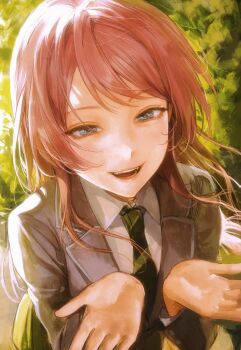 Rule 34 | 1girl, bang dream!, bang dream! it's mygo!!!!!, chihaya anon, collared shirt, commentary, diagonal-striped clothes, diagonal-striped necktie, fangs, green necktie, grey eyes, grey jacket, haneoka school uniform, highres, jacket, long hair, necktie, open mouth, pink hair, school uniform, seapall, shirt, solo, striped clothes, teeth, upper teeth only, white shirt