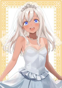 1girl blonde_hair blue_eyes bonta_(0607) border breasts bridal_veil bride commentary_request dress highres kantai_collection long_hair looking_at_viewer one-piece_tan open_mouth ornate_border ro-500_(kancolle) round_teeth small_breasts solo strapless strapless_dress tan tanline teeth upper_teeth_only veil white_dress