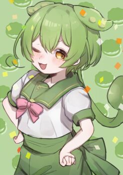 Rule 34 | 1girl, :3, animal ears, arazan (ara arazan24), back bow, blush, bow, confetti, contrast collar, double-parted bangs, ears down, food-themed background, green background, green hair, green sailor collar, green shorts, hands on own hips, hashtag-only commentary, long hair, low ponytail, neck ribbon, one eye closed, open mouth, pea pod, pink ribbon, ponytail, puff of air, puffy short sleeves, puffy sleeves, ribbon, sailor collar, shirt, short sleeves, shorts, smile, solo, tail-shaped hair, upper body, variant set, voicevox, white shirt, yellow eyes, zunda mochi, zundamon