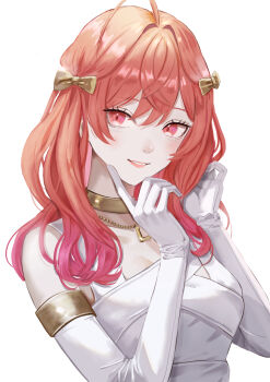 1girl absurdres bare_shoulders breasts collarbone commentary_request dhbwinner elbow_gloves eyelashes gloves highres hololive ichijou_ririka medium_hair parted_lips pink_eyes pink_hair simple_background smile solo white_background white_gloves