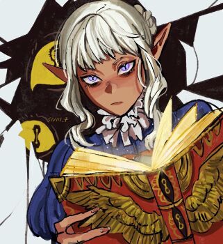 Rule 34 | 1boy, androgynous, blush, book, braid, commentary, cracked background, dark-skinned male, dark elf, dark skin, dungeon meshi, elf, expressionless, highres, holding, male focus, monster, pointy ears, purple eyes, sidelocks, simple background, siviii 7, solo, thistle (dungeon meshi), upper body, white background, white hair, yellow eyes