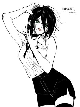 1girl bare_arms bare_shoulders black_choker black_hair black_ribbon black_shorts black_thighhighs breasts chainsaw_man choker collared_shirt cowboy_shot dancing english_text green_eyes grenade_pin hair_between_eyes hair_bun hand_on_own_head highres light_blush limited_palette looking_at_viewer medium_breasts medium_hair neck_ribbon ottonyao reze_(chainsaw_man) ribbon shirt shorts sleeveless sleeveless_shirt solo thighhighs tongue tongue_out twitter_username updo white_background white_shirt