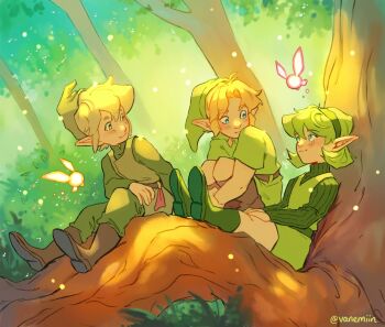 1girl 2boys blonde_hair boots fado_(wind_waker) fairy forest green_hair green_sweater green_tunic green_vest highres in-franchise_crossover in_tree link looking_at_another multiple_boys nature nintendo outdoors pointy_ears saria_(zelda) short_hair sitting sitting_in_tree smile sweater the_legend_of_zelda the_legend_of_zelda:_ocarina_of_time the_legend_of_zelda:_the_wind_waker tree tunic vanemiin vest