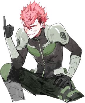 1boy black_gloves cropped_legs dirty dirty_face furuhashi_iharu gloves hashtag-only_commentary highres kaijuu_no._8 kaohom503_2 male_focus pink_hair pointing pointing_up sharp_teeth short_hair simple_background solo teeth undercut white_background zipper