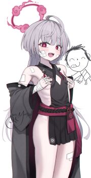 1girl :q ahoge artist_name bandaged_hand bandaged_leg bandages bare_shoulders bell black_kimono black_nails blue_archive blush breasts chibi chibi_inset cleavage_cutout clothing_cutout commentary covering_breasts covering_privates cowboy_shot diamond_cutout doodle_sensei_(blue_archive) english_commentary fangs gauze gauze_on_cheek grey_hair halo hands_on_own_chest highres japanese_clothes jingle_bell kimono long_hair looking_at_viewer nail_polish obi off_shoulder open_mouth red_eyes red_halo revealing_clothes sash sensei_(blue_archive) shuro_(blue_archive) sideless_kimono signature small_breasts tongue tongue_out variant_set white_background wide_sleeves youthpaint