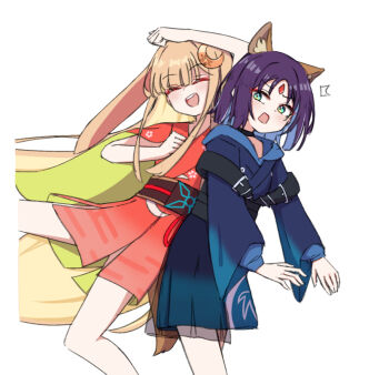 Rule 34 | 2girls, animal ears, black choker, blonde hair, blush, chirun0, cho kaguya-hime!, choker, closed eyes, commentary, cropped legs, english commentary, forehead jewel, fox ears, fox tail, green eyes, kaguya (cho kaguya-hime!), leaning on person, long hair, long sleeves, lop rabbit ears, multiple girls, open mouth, purple hair, rabbit ears, sakayori iroha, short hair, smile, tail, very long hair, white background