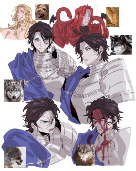 1girl 2boys angry armor blonde_hair blood blood_on_face blue_eyes blue_sash brown_hair commentary elden_ring elden_ring:_shadow_of_the_erdtree english_commentary godwyn_the_golden highres licking_lips lion long_hair looking_at_viewer looking_down looking_to_the_side messmer_the_impaler multiple_boys nozakikotaro4 photo-referenced plate_armor red_hair rellana_twin_moon_knight sash smile snake sparkle tongue tongue_out white_background wolf yellow_eyes