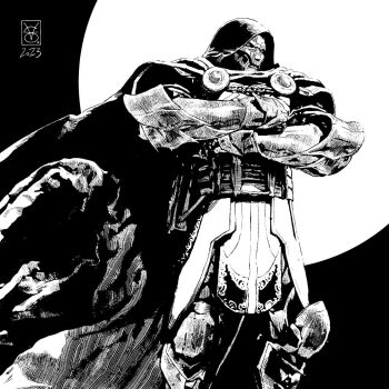 1boy 2023 armor artist_name cape commentary crossed_arms dark_background dated doctor_doom english_commentary fantastic_four full_armor full_body gloves greyscale helmet highres hood hooded_cape male_focus marvel mask metal_mask monochrome moon power_armor signature solo superhero_costume traditional_media valerio_giangiordano western_comics_(style)