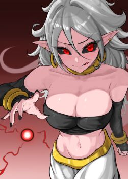 Rule 34 | 1girl, android 21, black nails, black sclera, black tube top, blush, bracelet, breasts, choker, cleavage, colored sclera, colored skin, commentary request, crop top, detached sleeves, dragon ball, dragon ball fighterz, earrings, energy ball, fang, harem pants, highres, hoop earrings, jewelry, large breasts, licking lips, long hair, majin android 21, midriff, navel, pants, pink skin, pointy ears, red eyes, ring, skin fang, smile, strapless, tail, takundraws, tongue, tongue out, tube top, white hair, yellow choker