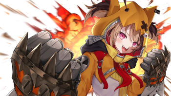 1girl animal_ear_hood brown_hair clenched_hands commentary_request explosion explosion_background fake_animal_ears gauntlets gigi_murin hair_through_hood highres hololive hololive_english hood hood_up hooded_shrug looking_at_viewer multicolored_hair open_mouth orange_shrug pink_eyes same1029 sharp_teeth short_twintails shrug_(clothing) smile solo spiked_gauntlets teeth twintails virtual_youtuber
