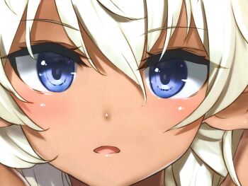 1girl blonde_hair blue_eyes blush close-up commentary_request dark-skinned_female dark_skin edelgard_(isekai_maou) hair_between_eyes highres isekai_maou_to_shoukan_shoujo_no_dorei_majutsu lips long_hair looking_at_viewer open_mouth pointy_ears portrait sidelocks solo tsurusaki_takahiro