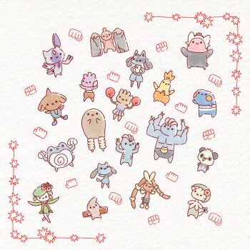 ._. :i animal_ears animal_hands arms_up belt_buckle bewear black_eyes black_fur black_male_underwear black_pantyhose blue_fur blue_skin blush_stickers body_fur border boxing_gloves breloom briefs brown_shorts buckle chest_jewel chibi closed_mouth colored_skin combusken concrete conkeldurr crack croagunk double_v dress flat_color flexing flower forehead_jewel full_body furry gem gen_1_pokemon gen_2_pokemon gen_3_pokemon gen_4_pokemon gen_5_pokemon gen_6_pokemon gen_7_pokemon gloves green_hair green_skin grey_fur hair_flower hair_ornament hands_on_own_hips hands_up highres hisuian_lilligant hisuian_sneasel hitmonchan hitmonlee hitmontop leaf long_animal_ears looking_at_viewer lopunny lucario machamp machop male_underwear mega_lopunny mega_pokemon mouth_hold multicolored_fur multicolored_skin nintendo orange_fur ototo_(otokameseimen) outstretched_arms pancham panda_ears pantyhose pawpads pectorals pink_flower pink_fur pink_skin pokemon pokemon_(creature) poliwrath purple_dress purple_fur purple_skin rabbit_ears rabbit_tail red_border red_gloves ribs riolu short_hair shorts sleeveless sleeveless_dress stalk_in_mouth standing tail timburr trait_connection two-tone_fur two-tone_skin tyrogue underwear v white_background white_skin wolf_ears wolf_tail yellow_fur yellow_gem