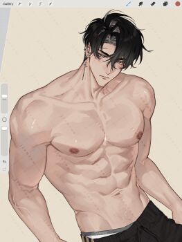 Rule 34 | 1boy, abs, art program in frame, black hair, black pants, blush, closed mouth, collarbone, colored inner hair, commentary, grey hair, highres, looking at viewer, male focus, male underwear, male underwear peek, multicolored hair, muscular, muscular male, navel, nipple piercing, nipples, original, pants, pectorals, piercing, rourouki, short hair, solo, too many watermarks, topless male, two-tone hair, underwear, watermark, white male underwear