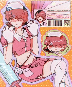 1girl alternate_costume animal_hands blush brown_eyes brown_hair character_name closed_mouth crop_top cropped_head cropped_shirt demon_horns demon_tail feet_out_of_frame flipped_hair fur_gloves gloves groin hair_ornament hairclip halloween halloween_costume heart highres holding holding_syringe horns id_card invisible_chair jack_frost_(megami_tensei) looking_at_viewer midriff miniskirt mixed-language_commentary multiple_views naughty_face navel nurse paw_gloves persona persona_3 persona_3_reload pink_shirt pink_skirt polka_dot polka_dot_background red_horns shirt short_hair short_sleeves sitting skirt swept_bangs syringe tail takeba_yukari thighhighs white_gloves white_thighhighs xixiaokuma yellow_background
