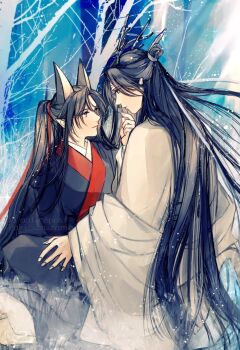 Rule 34 | 2boys, aki uzuzame, animal ears, bishounen, black hair, black hanfu, chinese clothes, closed mouth, commentary request, couple, dragon boy, dragon horns, eastern dragon horns, extra ears, eye contact, fox boy, fox ears, grass, grey eyes, hair ribbon, hand on another's chin, hand on another's thigh, hanfu, headband, highres, horns, kemonomimi mode, lan wangji, light particles, long hair, long sleeves, looking at another, male focus, modao zushi, multiple boys, outdoors, pointy ears, ponytail, red ribbon, ribbon, robe, sidelocks, sitting, smile, topknot, tree, very long hair, wei wuxian, white hanfu, white headband, wide sleeves, yaoi