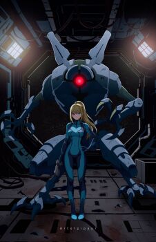 Rule 34 | 1girl, arm cannon, artist name, assault visor, blonde hair, blue bodysuit, blue eyes, bodysuit, breasts, character name, claws, closed mouth, commentary, copyright name, corrupted twitter file, covered navel, e.m.m.i. (metroid), english commentary, felipe uribe, full body, glowing, glowing eye, glowing eyes, gun, hand on own hip, handgun, high ponytail, highres, holding, holding gun, holding weapon, impossible bodysuit, impossible clothes, long hair, looking at viewer, mecha, medium breasts, metroid, metroid: samus returns, metroid dread, mole, mole under mouth, monster, nintendo, one-eyed, one-eyed mecha, paralyzer, ponytail, red eyes, robot, samus aran, science fiction, skin tight, space, standing, weapon, zero suit