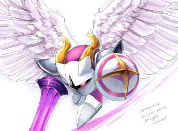 1boy angel_wings artist_name commentary_request galacta_knight highres holding holding_polearm holding_shield holding_weapon horned_mask kirby_(series) lance male_focus mask nintendo polearm raimu_(ankohome) red_eyes shield twitter_username weapon white_mask wings