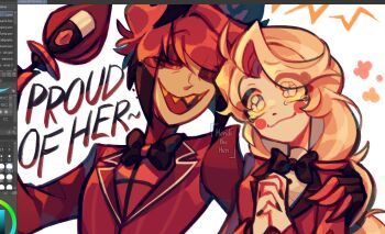 Rule 34 | 1boy, 1girl, :3, ;d, ahoge, alastor (hazbin hotel), animal ears, animal nose, antlers, art program in frame, artist name, black-framed eyewear, black bow, black bowtie, black hair, black nails, blonde hair, bob cut, bow, bowtie, breasts, charlie morningstar, circle facial mark, clip studio paint, closed mouth, colored sclera, colored skin, colored tips, commentary, cross, curtained hair, deer antlers, deer boy, deer ears, english commentary, english text, eyes visible through hair, eyeshadow, facial mark, flower, forehead-to-forehead, hair between eyes, hand on another's shoulder, hands up, hazbin hotel, heads together, hellaverse, hendithehen, holding, holding staff, horns, interlocked fingers, inverted bob, jacket, lapels, layered sleeves, long hair, long sleeves, looking at another, looking up, low-tied long hair, makeup, monocle, multicolored hair, nail polish, notched lapels, one eye closed, open mouth, orange flower, own hands clasped, own hands together, raised inner eyebrows, red-tinted eyewear, red eyes, red eyeshadow, red hair, red jacket, red sclera, red shirt, round eyewear, sharp teeth, shirt, short hair, sideways glance, simple background, small breasts, smile, staff, striped clothes, striped jacket, swept bangs, tearing up, teeth, thick eyelashes, tinted eyewear, tongue, traditional bowtie, turning head, turtleneck, turtleneck shirt, two-tone hair, upper body, upper teeth only, vertical-striped clothes, vertical-striped jacket, white background, white eyes, white shirt, white skin, wide-eyed, yellow sclera