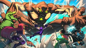 2girls 4boys absurdres alien battle beast_boy_(dc) ben_10 ben_10:_alien_force ben_tennyson crossed_legs crossover cyborg_(dc) dc_comics dick_grayson fighting_stance green_eyes green_light highres multiple_boys multiple_girls obarii omnitrix raven_(dc) robin_(dc) starfire superhero_costume teen_titans