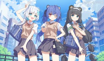 3girls animal_ear_fluff animal_ears arm_up armband bag bag_charm black_hair blue_bow blue_eyes blue_hair blue_sky blush bow breasts brown_bow brown_shorts building charm_(object) closed_mouth cloud collared_shirt commentary commission cosplay day dress_shirt english_commentary facial_mark grey_hair grey_skirt hair_bow hairband highres long_hair multi-tied_hair multicolored_hair multiple_girls original outdoors pleated_skirt red_eyes school_bag school_uniform seero shirt short_sleeves shorts shorts_under_skirt skirt sky small_breasts smile sweater_vest toaru_kagaku_no_railgun toaru_majutsu_no_index tokiwadai_school_uniform two-tone_hair v very_long_hair white_hairband white_shirt