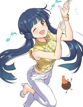 1girl ;d bangle blue_hair blunt_bangs bracelet brown_eyes cowboy_shot creature damokan66 denim eighth_note eyelashes feet foot_up frilled_shirt frills high_heel_sandals highres idolmaster idolmaster_million_live! idolmaster_million_live!_theater_days jeans jewelry kitakami_reika light_blush long_hair midriff_peek musical_note one_eye_closed open_mouth pants sandals shirt sleeveless sleeveless_shirt smile solo standing standing_on_one_leg twintails_with_hair_base very_long_hair white_background white_pants white_sandals wing_collar yellow_shirt