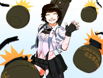 1girl belt belt_buckle black_belt black_gloves black_hair buckle closed_eyes commentary devil_may_cry_(series) devil_may_cry_5 english_commentary explosive eyewear_around_neck fingerless_gloves gloves goggles goggles_around_neck grenade grenade_launcher grenade_pin jbbetz lady_(devil_may_cry) navel parted_lips pink_lips pouch scar scar_on_face short_hair simple_background smile solo standing throwing waving weapon weapon_on_back white_background zipper