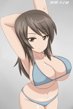 1girl armpits arms_behind_head bikini breasts brown_eyes brown_hair cleavage dated girls_und_panzer grey_bikini highres huge_breasts legs long_hair mika_(girls_und_panzer) navel seductive_gaze seductive_smile smile solo swimsuit thick_thighs thighs wide_sleeves