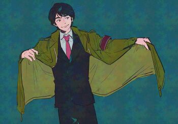 1boy aoshima_shunsaku armband black_hair black_pants blue_background bright_pupils closed_mouth coat collared_shirt commentary_request green_coat highres looking_to_the_side male_focus necktie odoru_daisousasen pants red_armband red_necktie shirt short_hair smile solo sss_iiiop upper_body white_pupils white_shirt