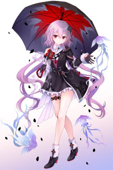 1girl black_boots black_gloves boots closed_mouth dress evernight_(honkai:_star_rail) full_body gloves hair_ornament half_gloves high_heels highres holding holding_umbrella honkai:_star_rail honkai_(series) jewelry long_hair long_sleeves looking_at_viewer march_7th_(honkai:_star_rail) official_alternate_costume official_alternate_eye_color official_alternate_hair_length official_alternate_hairstyle red_eyes ring shirogane_hina single_bare_shoulder smile solo standing thigh_strap umbrella very_long_hair