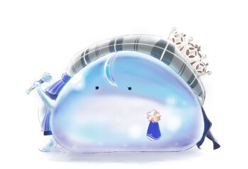 beret cosplay crown gillisk grey_hat hat highres holding holding_microphone hololive hoshimachi_suisei hoshimachi_suisei_(1st_costume) hoshimachi_suisei_(cosplay) microphone mini_crown name_connection plaid_hat side_ponytail slime_(creature) sui_(tonsuki) tondemo_skill_de_isekai_hourou_meshi white_background