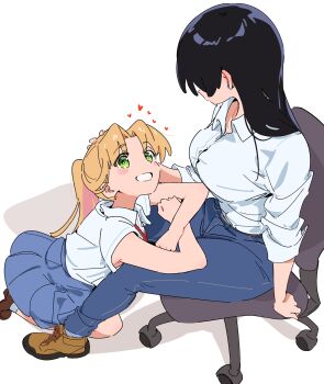 2girls absurdres affectionate age_difference arato_nagi arms_on_knees atenaba black_hair blonde_hair blue_pants blush blush_stickers breasts brown_shoes chair denim eyes_visible_through_hair green_eyes heart highres jeans large_breasts leaning_forward long_hair long_sleeves medium_skirt multiple_girls office_chair open_mouth pants parted_bangs pleated_skirt ruri_no_houseki shirt shirt_tucked_in shoes short_sleeves simple_background sitting skirt sleeves_rolled_up smile straight_hair swivel_chair tanigawa_ruri white_background white_shirt white_skirt