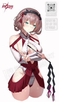 1girl aqua_eyes breasts brown_hair clothing_cutout dark_star_(starward) groin highres hip_vent japanese_clothes leotard medium_breasts miko short_hair solo standing starward tom-neko_(zamudo_akiyuki) v white_leotard