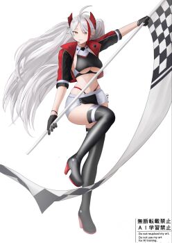 1girl antenna_hair azur_lane black_boots black_gloves black_jacket boots breasts checkered_flag chika_232 flag gloves grey_eyes grey_hair high_heel_boots high_heels highleg highleg_panties highres holding holding_flag jacket latex long_hair looking_at_viewer multicolored_jacket official_alternate_costume panties prinz_eugen_(azur_lane) prinz_eugen_(final_lap)_(azur_lane) race_queen red_jacket short_sleeves shorts sideboob simple_background smile solo thigh_boots thighhighs twintails underboob underwear watermark white_background white_shorts yellow_eyes