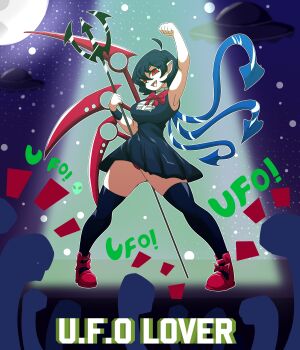 absurdres asymmetrical_wings black_dress black_hair bow bowtie crowd dress highres houjuu_nue microdress officeadditional1160 panties polearm red_bow red_bowtie red_eyes red_panties tentacle_wings tentacles touhou trident ufo undefined_fantastic_object underwear weapon wings