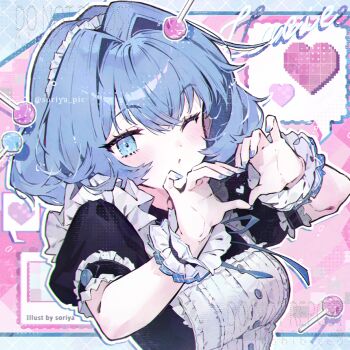 1girl ;o apron black_dress blue_eyes blue_hair blue_nails blush candy commentary_request commission dress food hair_between_eyes hair_intakes hands_up heart heart_hands lollipop looking_at_viewer maid maid_apron maid_headdress nail_polish one_eye_closed original parted_lips puffy_short_sleeves puffy_sleeves short_sleeves solo soriya spoken_heart upper_body watermark white_apron wrist_cuffs