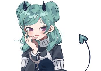 1girl aqua_hair beta_(inazuma_eleven) bodysuit cuffs double_bun drawn_horns drawn_tail grey_bodysuit hair_bun hand_on_own_face handcuffs highres inazuma_eleven_(series) inazuma_eleven_go inazuma_eleven_go_chrono_stone light_blush long_hair looking_at_viewer protocol_omega purple_eyes seikawa1110 simple_background smile upper_body white_background