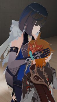 1boy 1girl artist_request bdsm black_gloves blue_eyes blue_hair breast_smother breasts brown_hair cape face_to_breasts femdom genshin_impact gloves hand_on_another&#039;s_head photo_(medium) reverse_ryona smother tartaglia_(genshin_impact) white_cape white_gloves yelan_(genshin_impact)