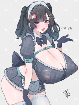 1girl absurdres black_gloves black_hair bow breasts cleavage commentary_request covered_erect_nipples gloves hair_ornament highres huge_breasts maid_headdress medium_hair miniskirt mole mole_under_eye original skirt thighhighs tsurumi_kazane twintails white_thighhighs