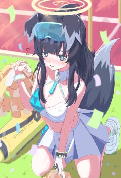 1girl absurdres animal_ears black_hair blue_archive blue_eyes blush breasts cheerleader dog_ears dog_girl dog_tail goggles goggles_on_head halo hibiki_(blue_archive) hibiki_(cheer_squad)_(blue_archive) highres holding holding_pom_poms jujudouma long_hair looking_at_viewer millennium_cheerleader_outfit_(blue_archive) navel official_alternate_costume pom_pom_(cheerleading) pom_poms shoes skirt solo star_(symbol) star_sticker sticker sticker_on_face tail white_shoes yellow_halo