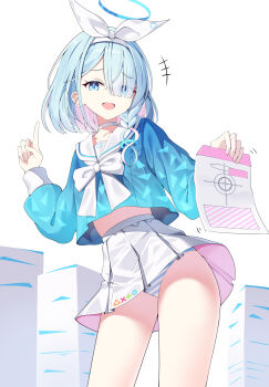 1girl absurdres arona_(blue_archive) blue_archive blue_hair blue_serafuku braid commentary eyes_visible_through_hair hair_over_one_eye highres holding holding_paper index_finger_raised looking_at_viewer midriff multicolored_hair open_mouth panties paper pink_hair sailor_collar school_uniform serafuku single_braid skirt smile sob_(submar1089) solo standing striped_clothes striped_panties two-tone_hair underwear white_panties white_sailor_collar white_skirt